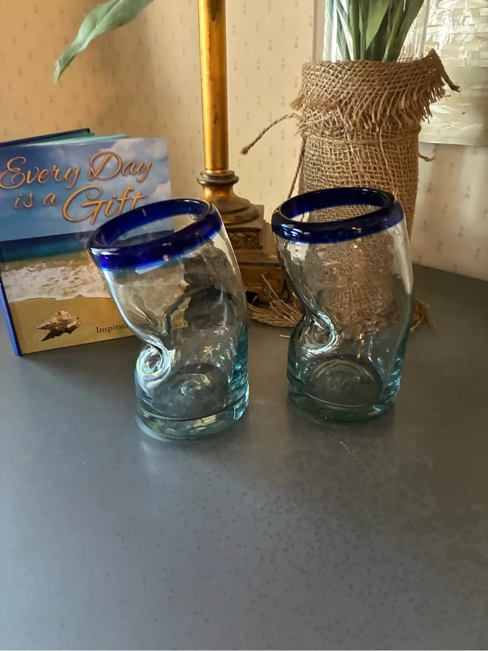 Set of 2 COBALT BLUE rim MEXICAN hand blown THICK glass tumblers. 5.5 inches.